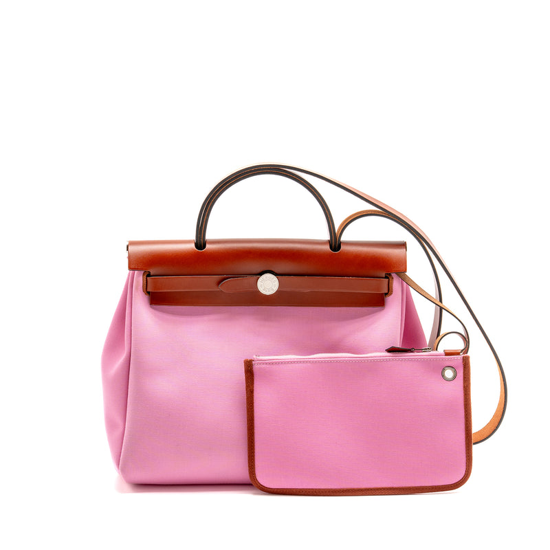 Hermes Herbag 31 Zip Bag Canvas/Hunter Leather Pink/Cuivre SHW Stamp Y