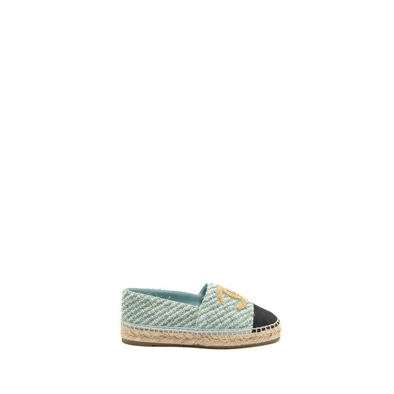 Chanel Size 36 23S Espadrilles Tweed/Grosgrain Light Blue/Green/Black