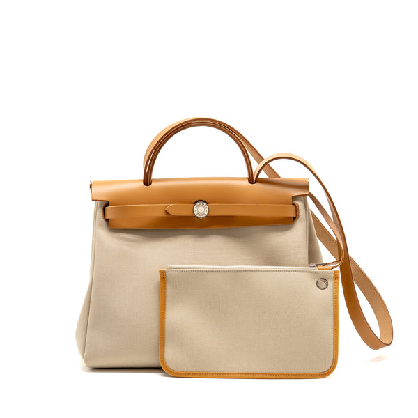 Hermes herbag 31 zip bag canvas/Hunter leather beton/nata SHW stamp U