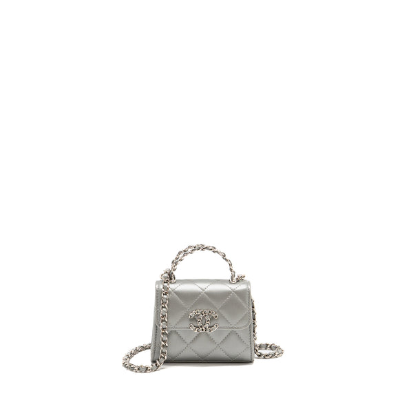 Chanel Top handle mini flap bag with chain lambskin silver SHW (microchip)