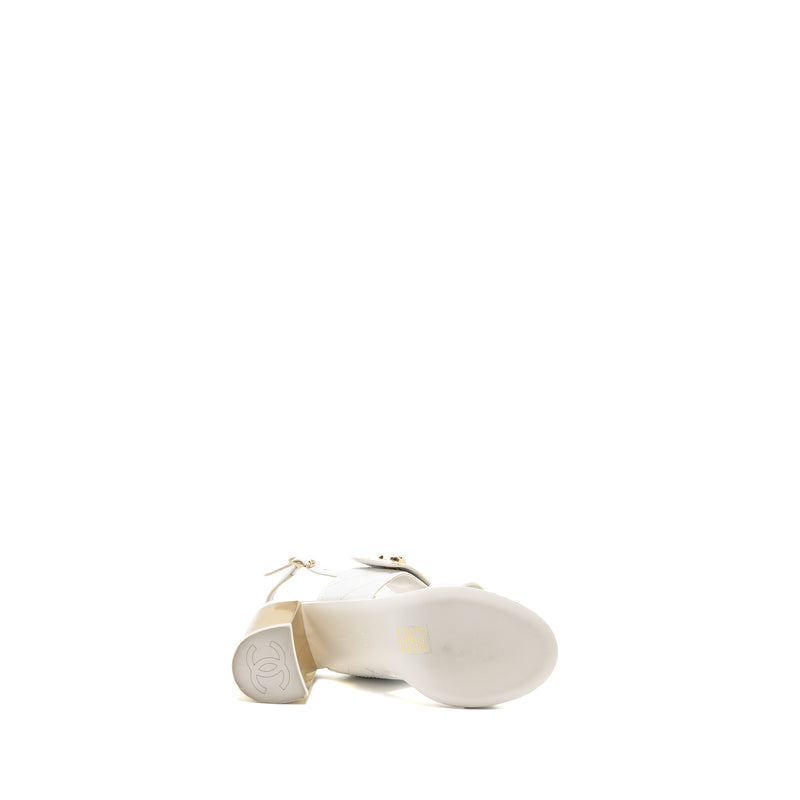 Chanel Size 37 23P CC Logo Sandals Patent Goatskin White GHW