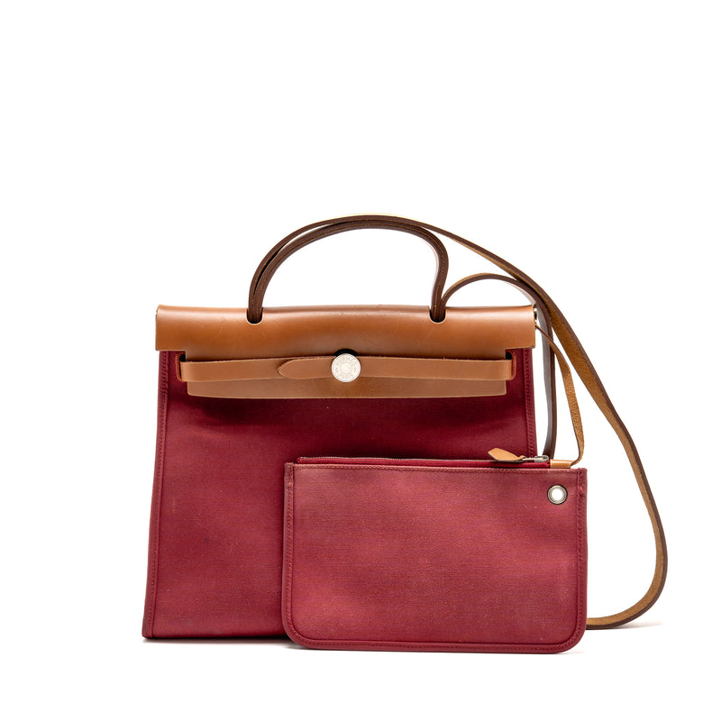 Hermes Herbag 31 Zip Bag Canvas/Hunter Leather Red SHW Stamp Square O