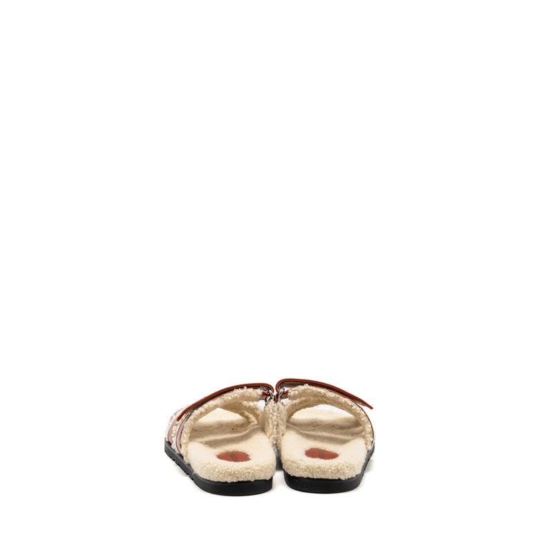 Hermes Size 37 Femme Chypre Sandals Glazed Napa/Shearling Rouge Sanguine/Ecru