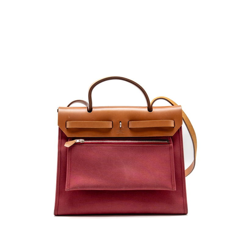 Hermes Herbag 31 Zip Bag Canvas/Hunter Leather Red SHW Stamp Square O