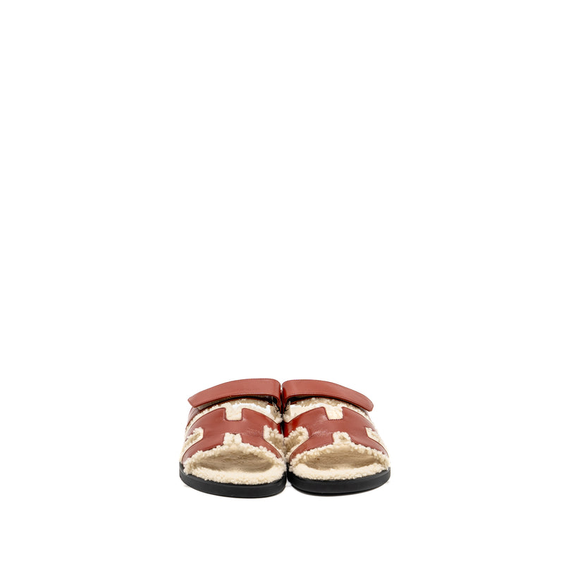 Hermes Size 37 Femme Chypre Sandals Glazed Napa/Shearling Rouge Sanguine/Ecru