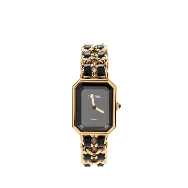 Chanel Premiere Edition Originale Watch Steel Coated with Yellow Gold, Black Leather, Black-Lacquered Dial