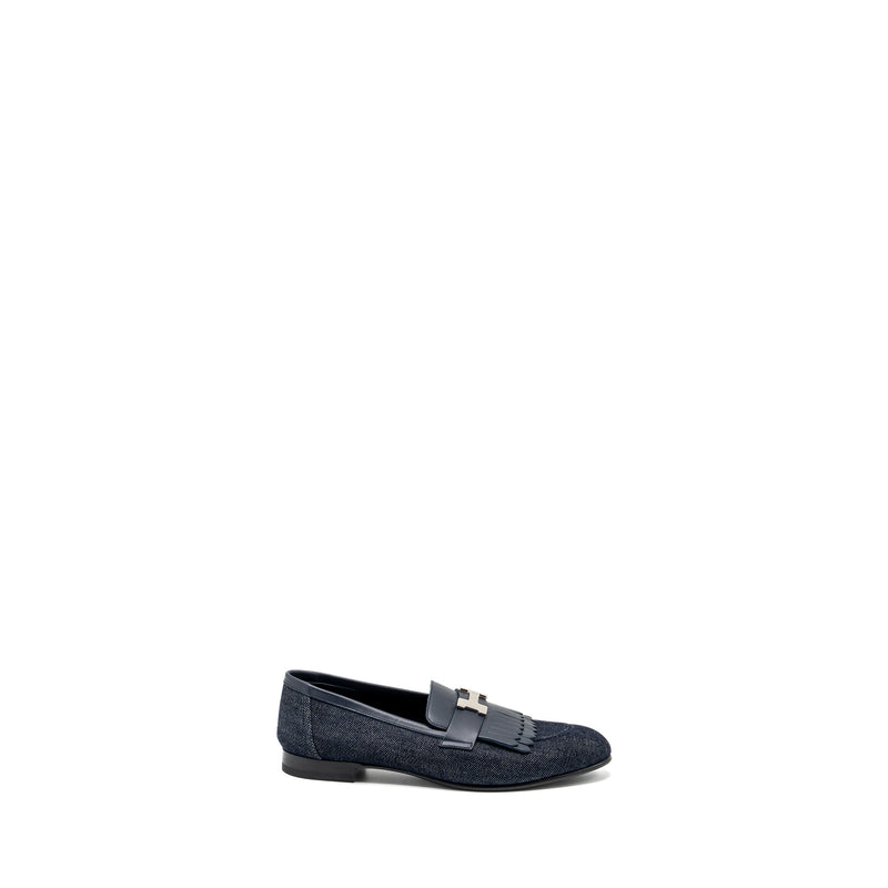 Hermes size 38 mocassins royal loafer denim/calfskin bleu brut/marine SHW