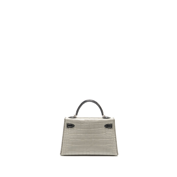 Hermes Mini Kelly II Alligator Mississippiensis Matt Gris Perle / black SHW stamp B