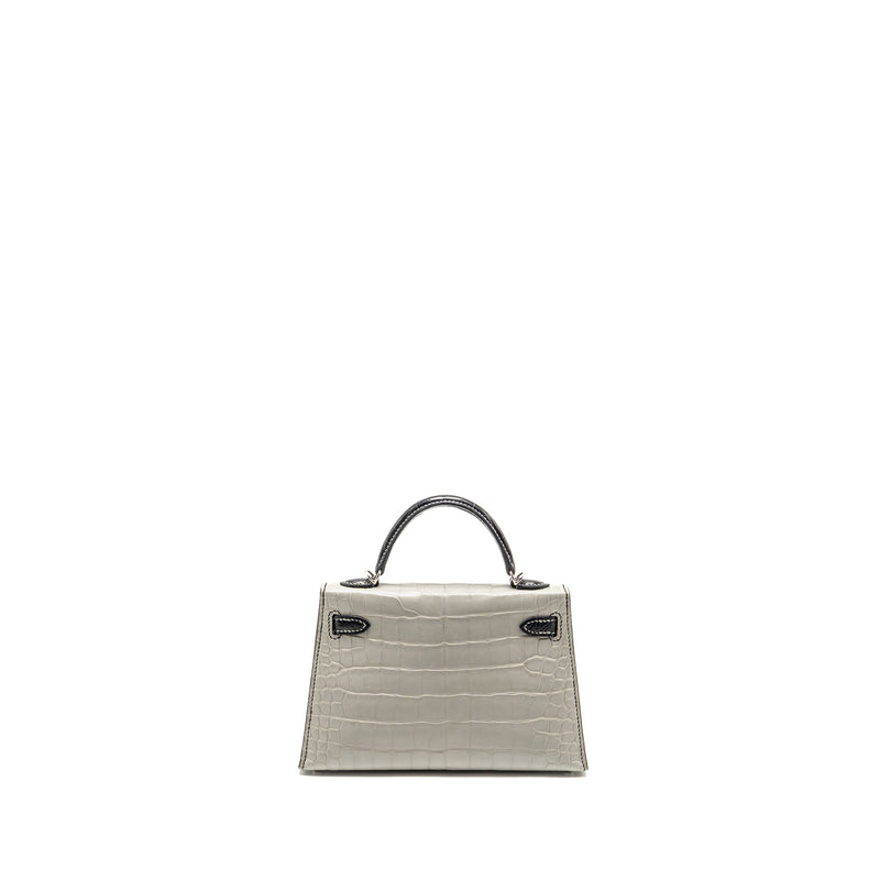 Hermes Mini Kelly II Alligator Mississippiensis Matt Gris Perle / black SHW stamp B