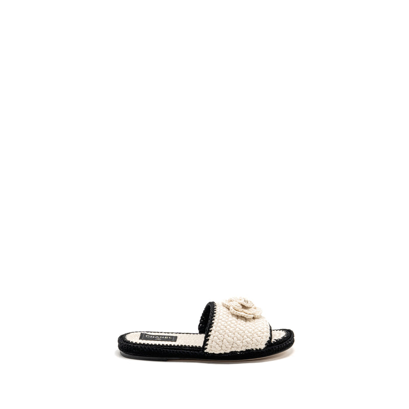 Chanel Size 39 23C Camellia Crochet Mules Sandals Ivory / Black