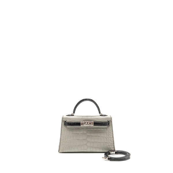 Hermes Mini Kelly II Alligator Mississippiensis Matt Gris Perle / black SHW stamp B
