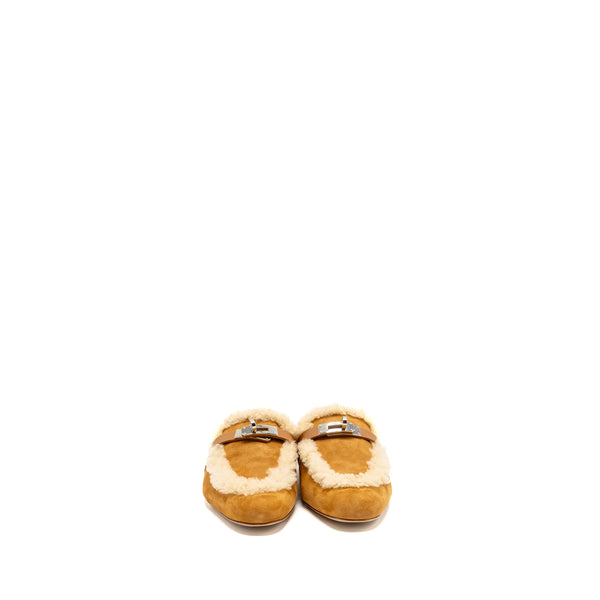 Hermes Size 37.5 Oz Mule Suede Goatskin Shearling Naturel SHW