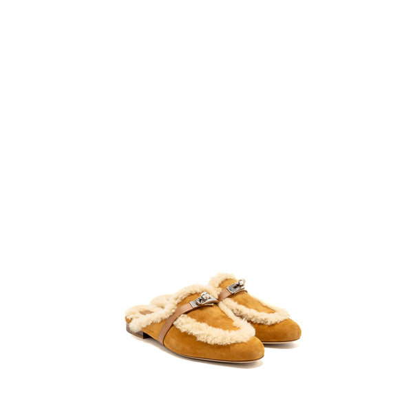 Hermes Size 37.5 Oz Mule Suede Goatskin Shearling Naturel SHW