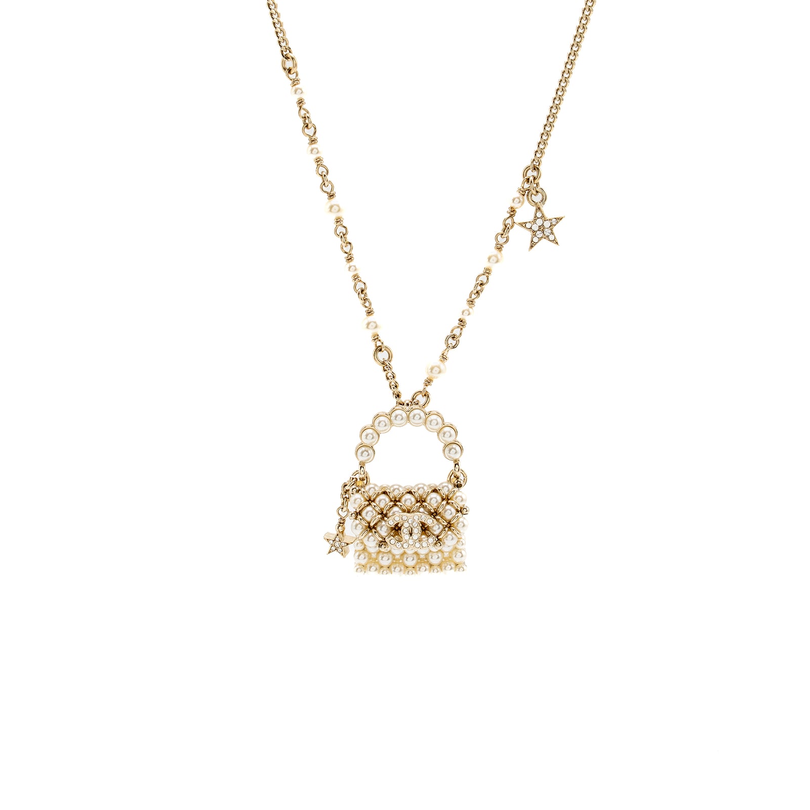 ジュネル　JEWNEL Chanel Mini pearl bag necklace light gold tone