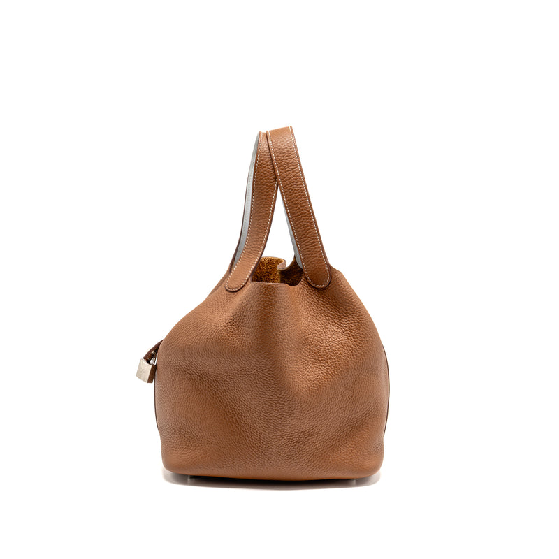 Hermes Picotin 22 Lock Bag Clemence/Swift Gold/Blue Brume Handle SHW Stamp Z