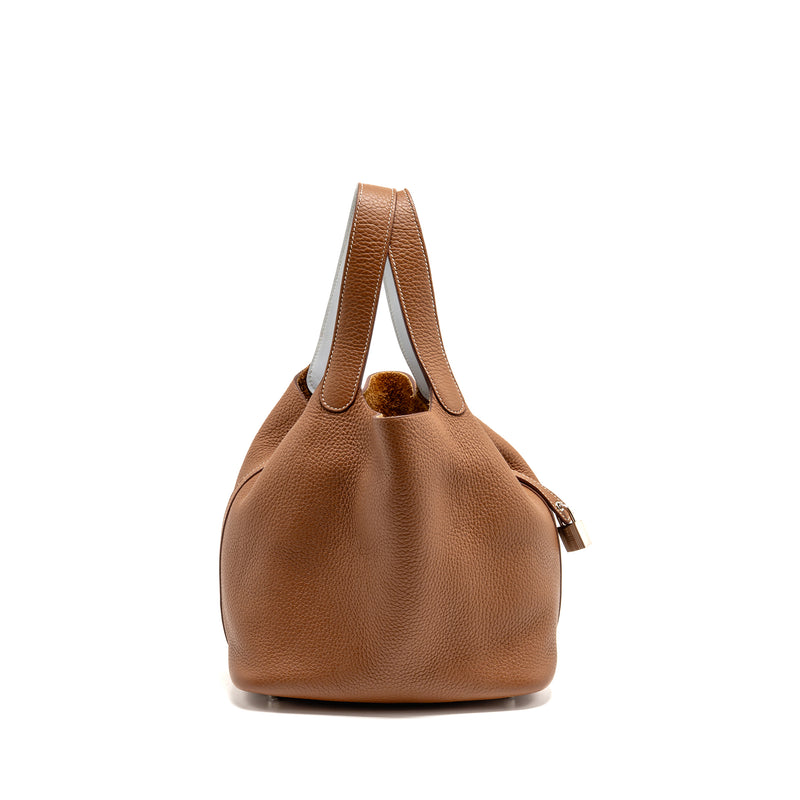 Hermes Picotin 22 Lock Bag Clemence/Swift Gold/Blue Brume Handle SHW Stamp Z