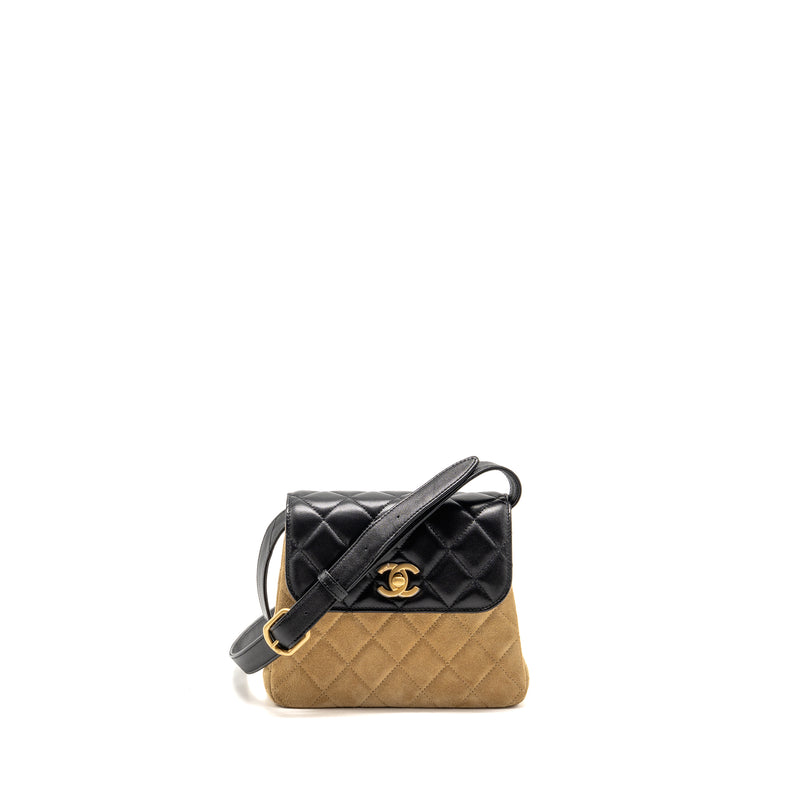 Chanel 25a Suede Patchwork Mini Crossbody Bag Lambskin Brown/black GHW (microchip)