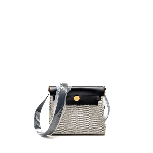 Hermes herbag mini canvas / hunter leather black / ecru GHW stamp K