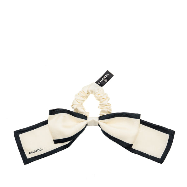 Chanel Camellia/Letter Hair Tie Silk Twill Ecru/Black