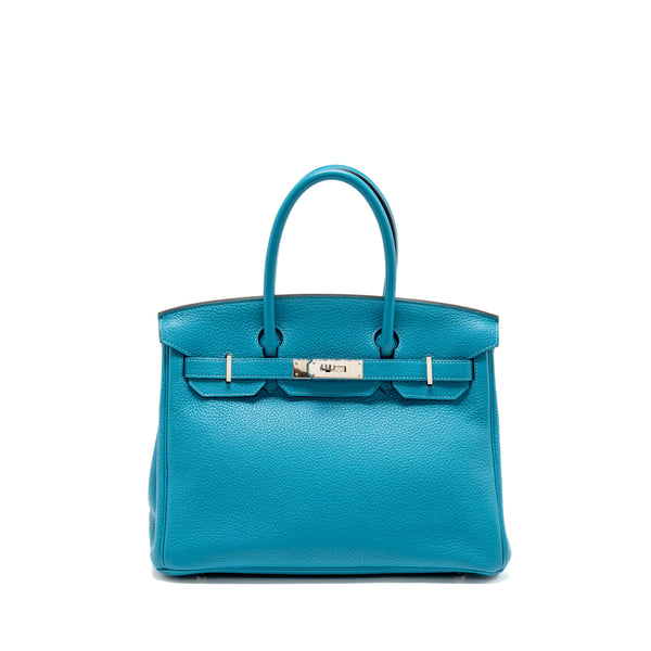 Hermes Birkin 30 Clemence Blue Paon SHW Stamp Square R