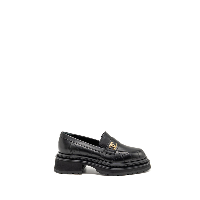 Chanel 23A Size 37 Qulited CC Platform Loafers Black LGHW