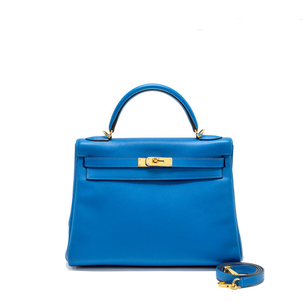 Hermes Kelly 32 Evercolor Blue Hydra GHW Stamp X