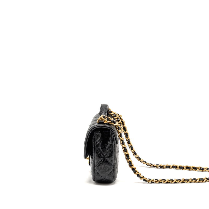 Chanel Top Handle Quilted CC Flap Bag Grained Shiny Calfskin Black GHW (Microchip)