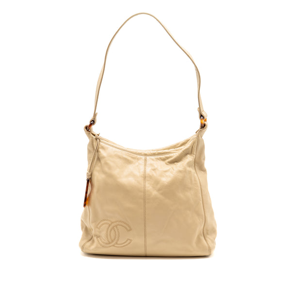 Chanel vintage tote hobo bag with tortoiseshell tag leather beige LGHW