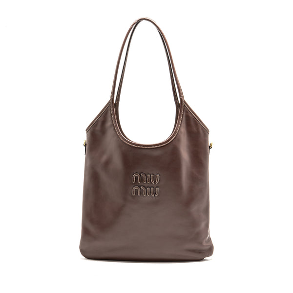 Miu Miu Ivy Leather Tote Bag Calfskin Dark Brown GHW