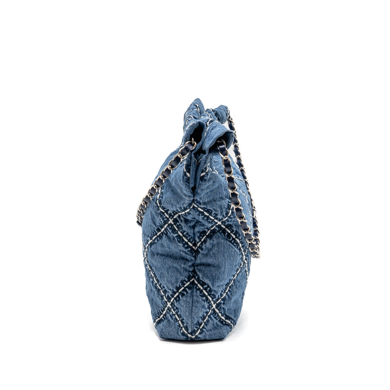 Chanel Small 22 Bag Denim Blue with White Stitching SHW (Microchip)
