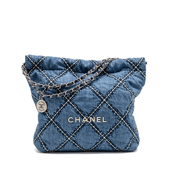 Chanel Small 22 Bag Denim Blue with White Stitching SHW (Microchip)
