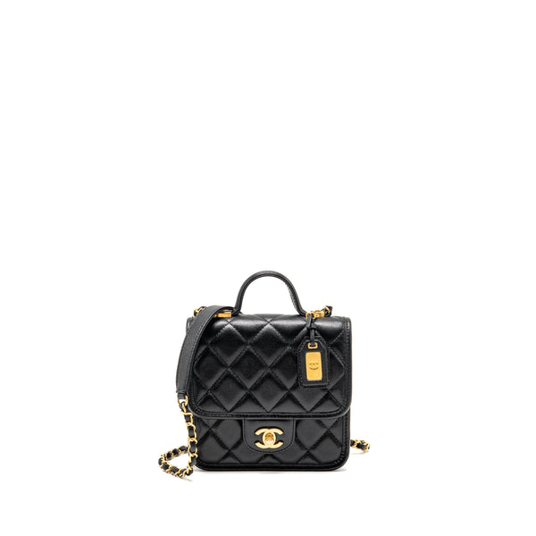 Chanel 22K Mini Flap Bag with Top Handle Shiny Grained Calfskin Black GHW (Microchip)