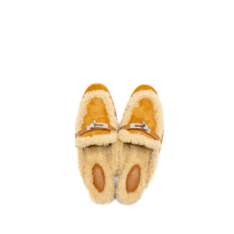 Hermes Size 37.5 Oz Mule Suede Goatskin Shearling Naturel SHW
