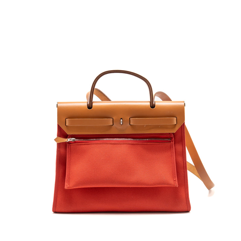 Hermes Herbag 31 Zip Bag Canvas/ Hunter Leather Rough Tomate SHW Stamp A