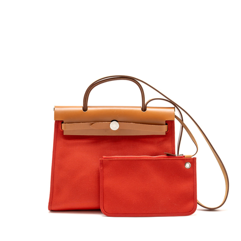 Hermes Herbag 31 Zip Bag Canvas/ Hunter Leather Rough Tomate SHW Stamp A
