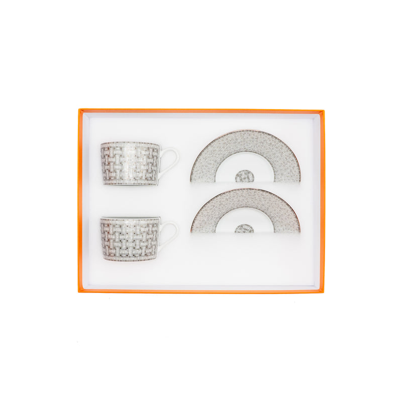 Hermes Mosaique AU 24 Platinum Tea Cup and Saucer