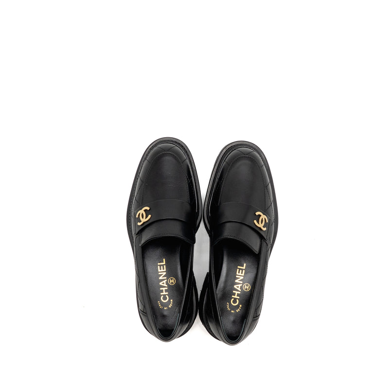 Chanel 23A Size 37 Qulited CC Platform Loafers Black LGHW
