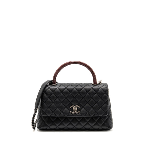 Chanel Medium Coco Handle Caviar/Lizard Handle Black/Burgundy Ruthenium Hardware