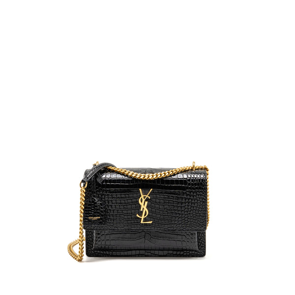 Saint Laurent/YSL Sunset Medium Crocodile-Embossed Calfskin Black GHW