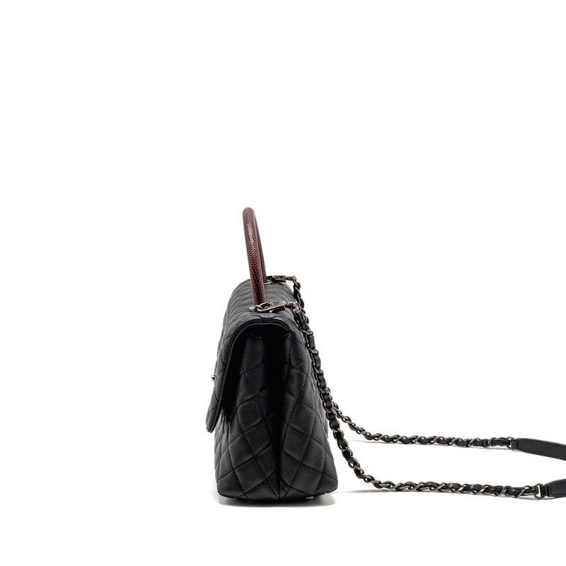 Chanel Medium Coco Handle Caviar/Lizard Handle Black/Burgundy Ruthenium Hardware