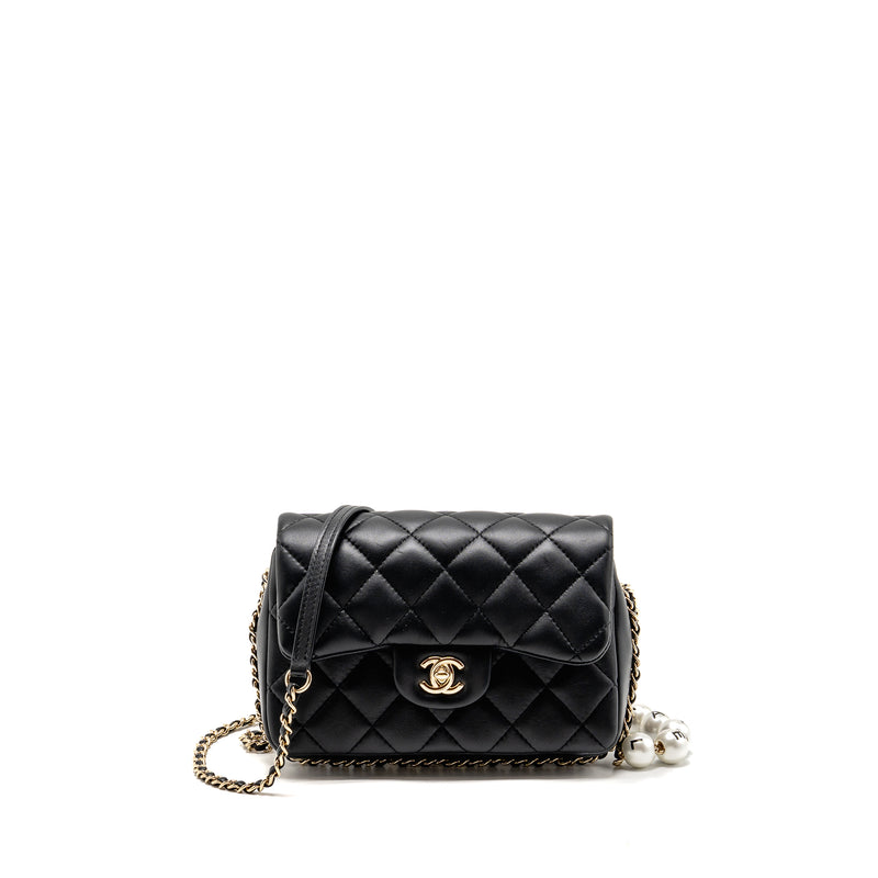 Chanel Quilted Flap Bag with Pearl Detailed Chain Lambskin Black LGHW