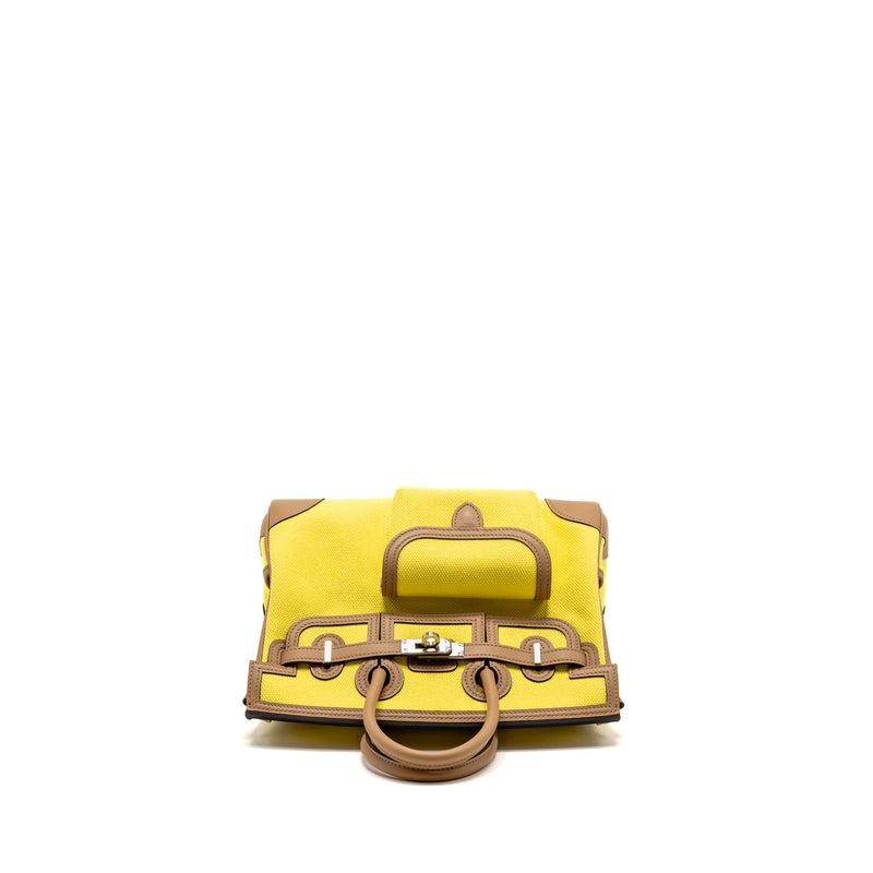 Hermes Birkin 25 Cargo Toile Goeland / Swift Jaune Citron / Chai SHW Stamp U