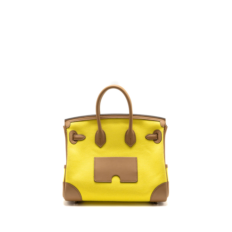 Hermes Birkin 25 Cargo Toile Goeland / Swift Jaune Citron / Chai SHW Stamp U
