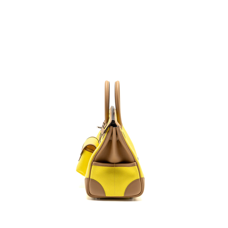 Hermes Birkin 25 Cargo Toile Goeland / Swift Jaune Citron / Chai SHW Stamp U