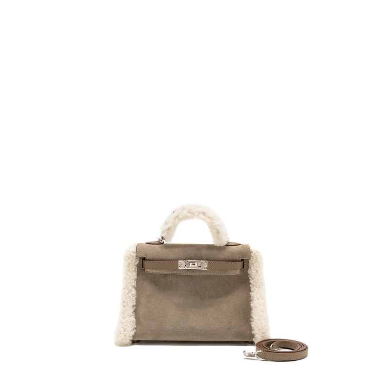 Hermes Mini Kelly Pluch Grizzly/Swift/Mouton Merinos Gris Caillou/Ecru/Etoupe SHW Stamp W