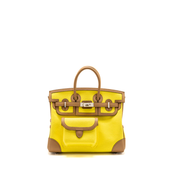 Hermes Birkin 25 Cargo Toile Goeland / Swift Jaune Citron / Chai SHW Stamp U
