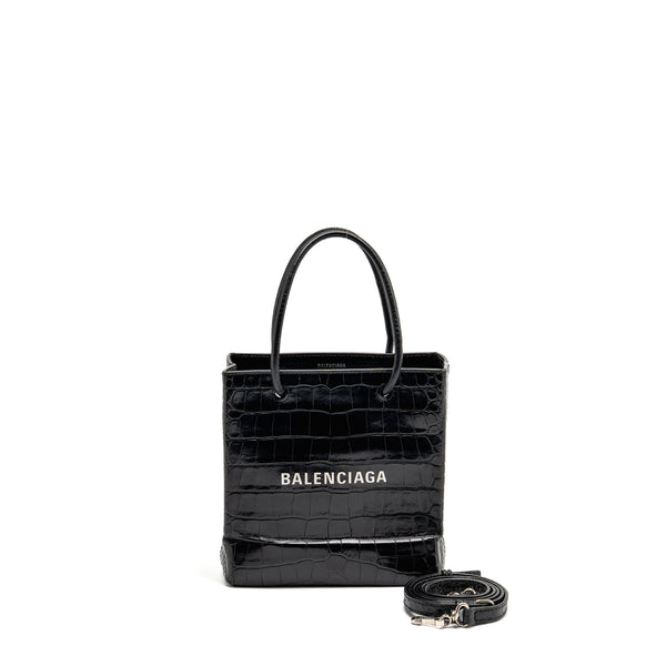 Balenciaga Shopping Tote Bag XXS Croc Embossed Calfskin Black SHW