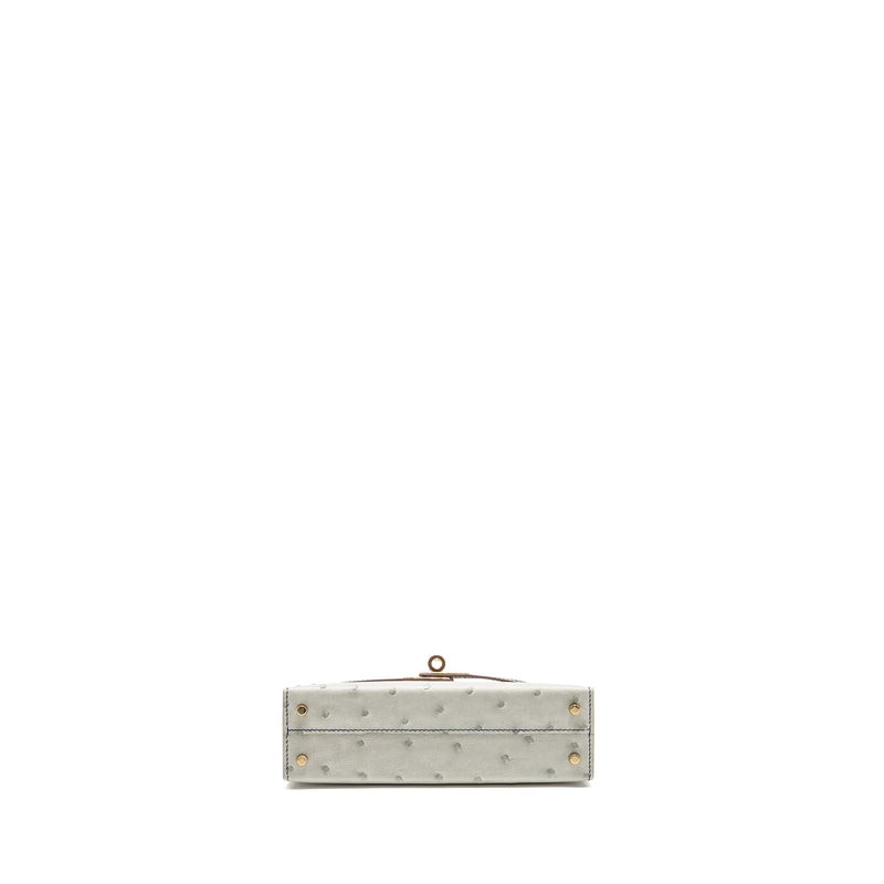 Hermes Mini Kelly Special Order Ostrich Gris Perle/Blue Iris LGHW Stamp U