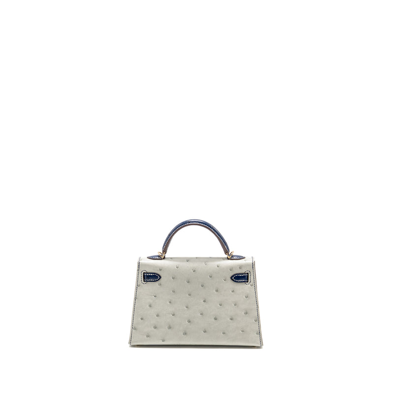 Hermes Mini Kelly Special Order Ostrich Gris Perle/Blue Iris LGHW Stamp U