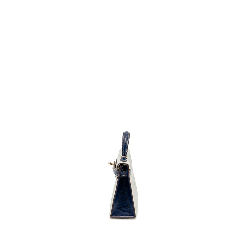 Hermes Mini Kelly Special Order Ostrich Gris Perle/Blue Iris LGHW Stamp U